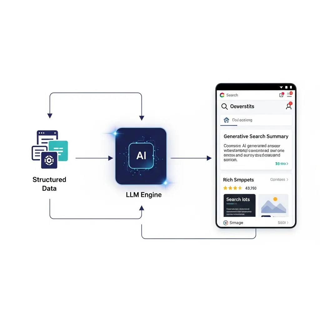 Flowchart showing structured data feeding into AI search engines to generate comprehensive AI summaries.