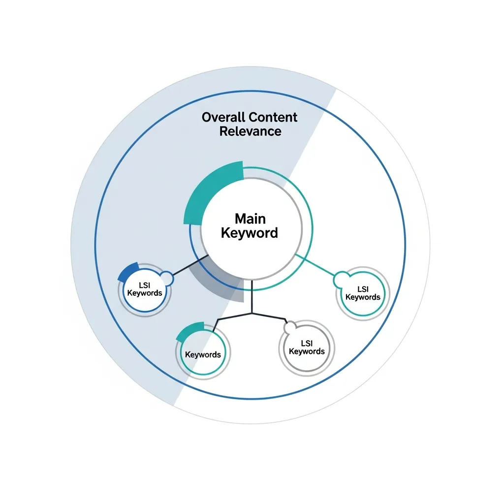Flowchart showing the connection between main keywords, LSI keywords, and content relevance for SEO strategy.