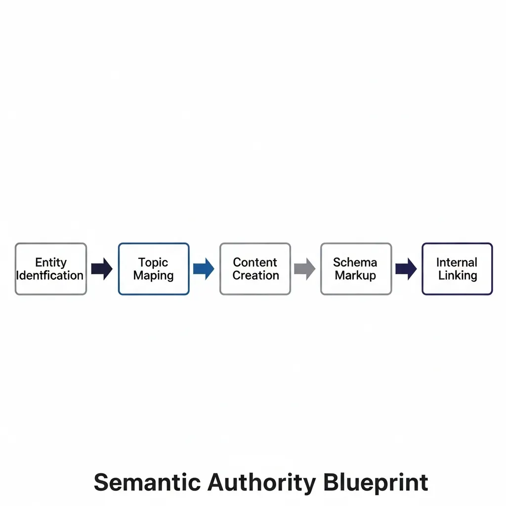 Flowchart showing the five steps of the Semantic Authority Blueprint for entity-based SEO strategy.