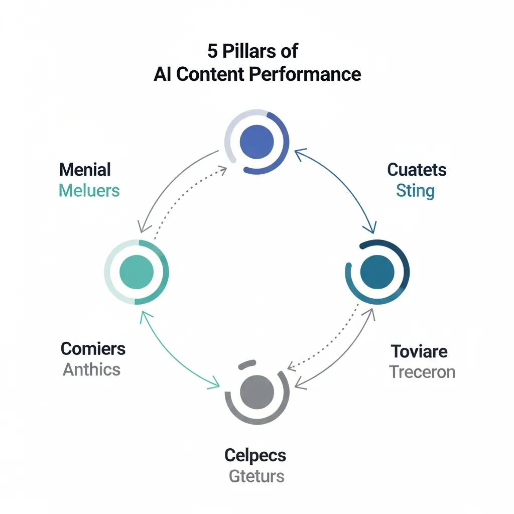 Flowchart showing the interconnectedness of five AI content performance pillars and feedback loops.