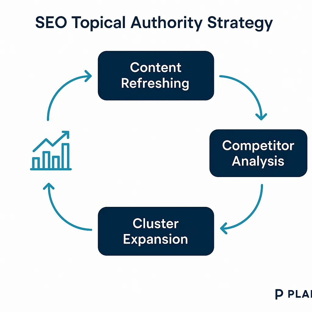 Flowchart showing the iterative cycle of content refreshing, competitor analysis, and cluster expansion by Planik.io.