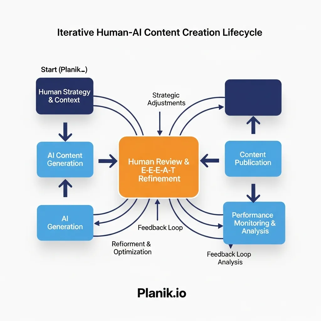 Flowchart showing the iterative human-AI collaboration process for E-E-A-T content creation at Planik.io.