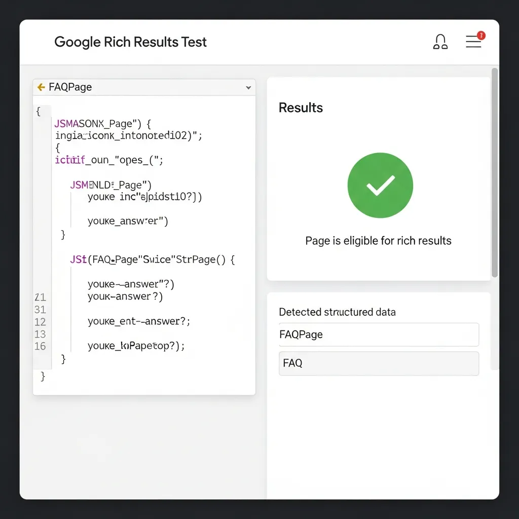 Google Rich Results Test interface showing a valid FAQPage schema markup for improved search visibility.