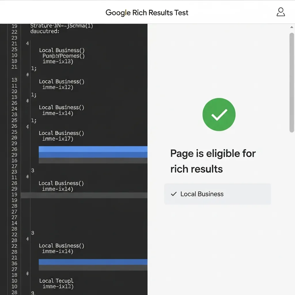 Google Rich Results Test interface showing successful validation of Local Business schema markup for SEO.