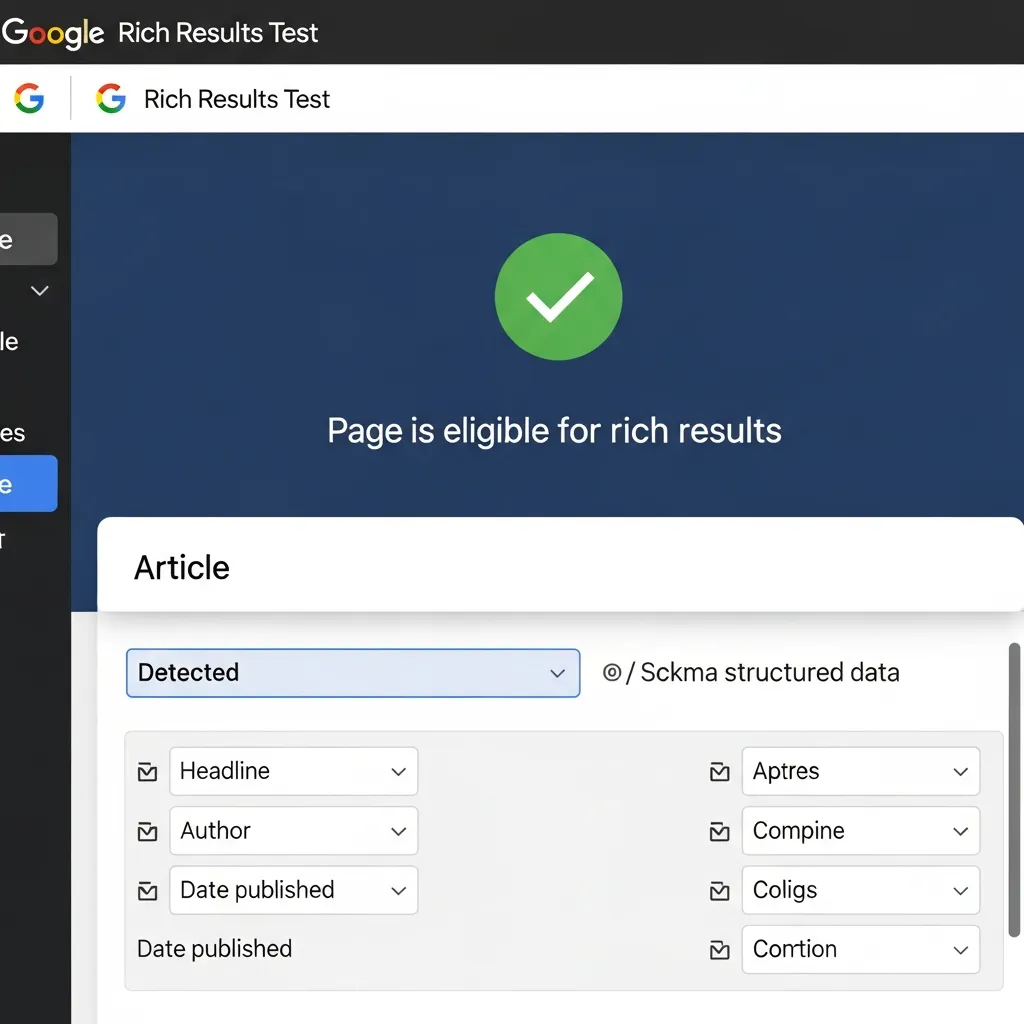 Google Rich Results Test interface showing valid Article schema markup for improved search engine visibility.