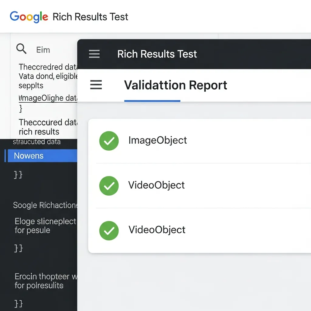Google Rich Results Test screenshot showing successful validation for image and video schema markup results.