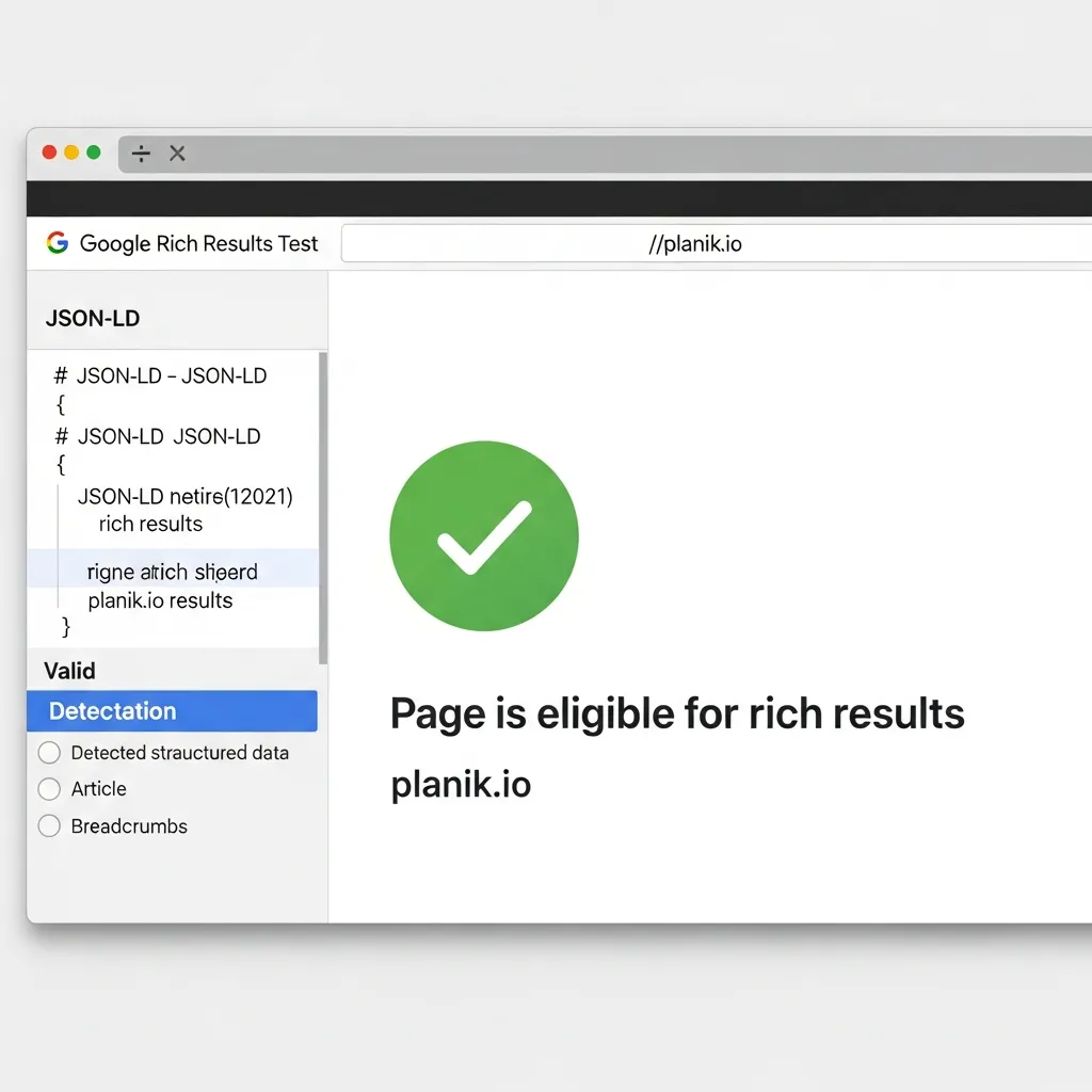 Google Rich Results Test screenshot showing valid structured data and semantic SEO results for Planik.io.