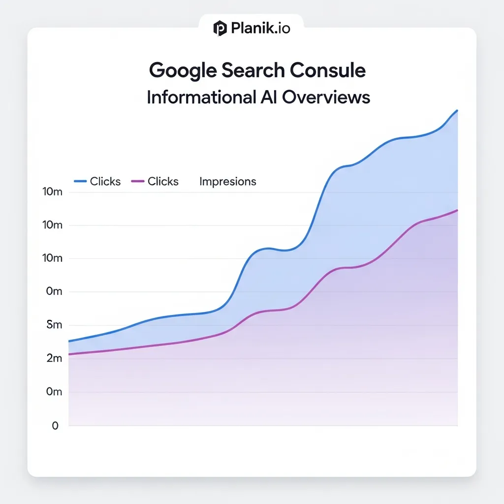 Google Search Console chart showing rising clicks and impressions for informational queries by Planik.io.