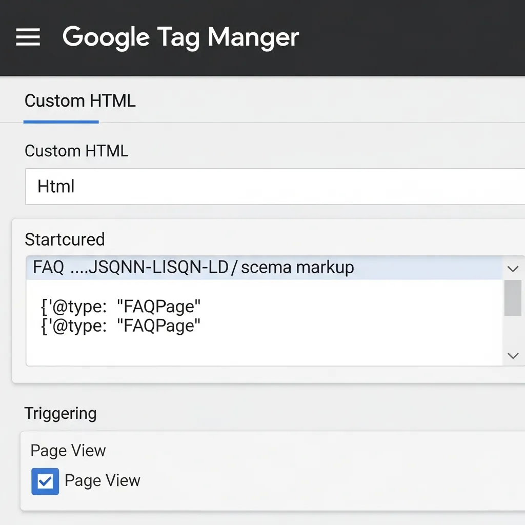 Google Tag Manager interface showing FAQ schema JSON-LD script configuration with a page view trigger.