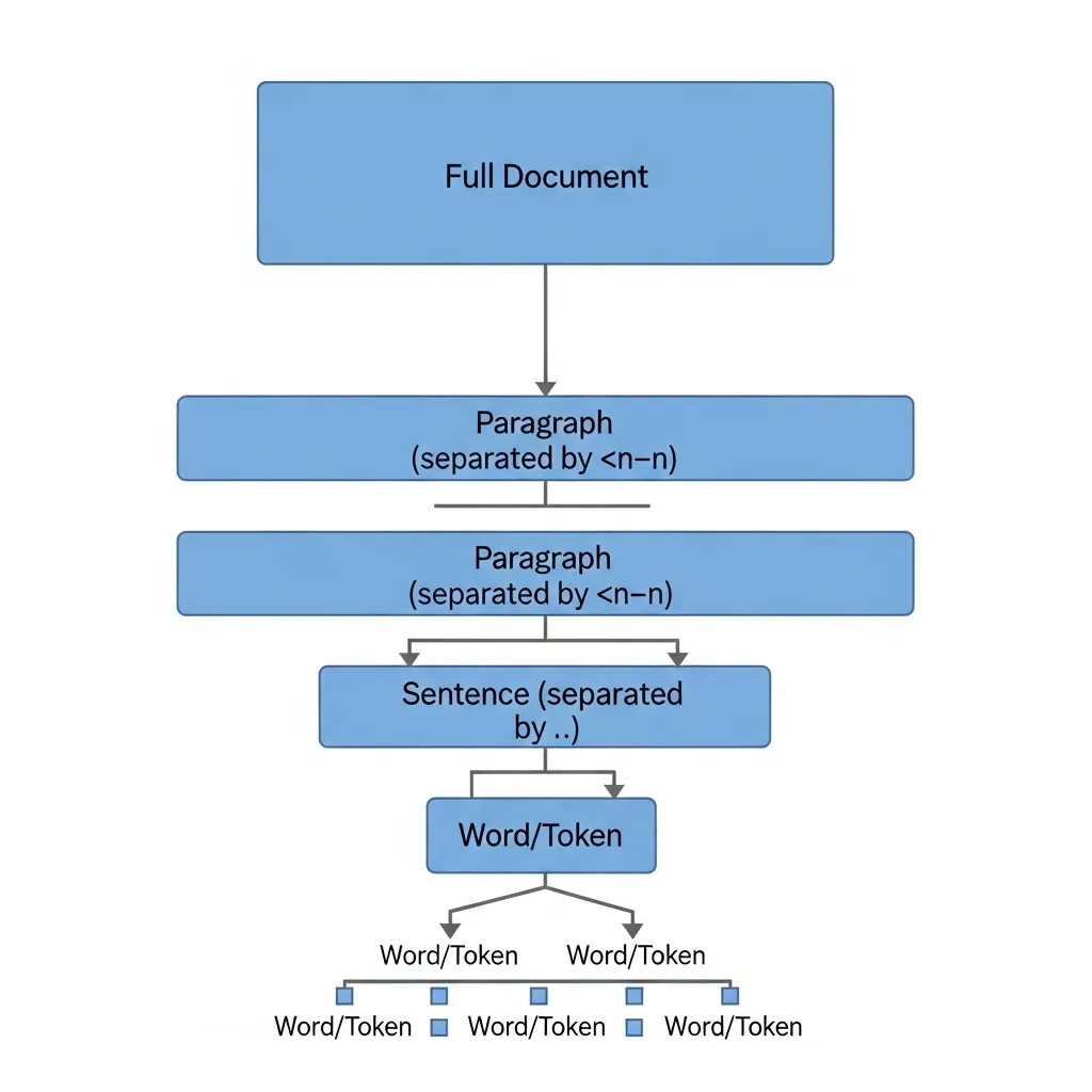 Hierarchical diagram of recursive character splitting for RAG content chunking by paragraphs, sentences, and words.