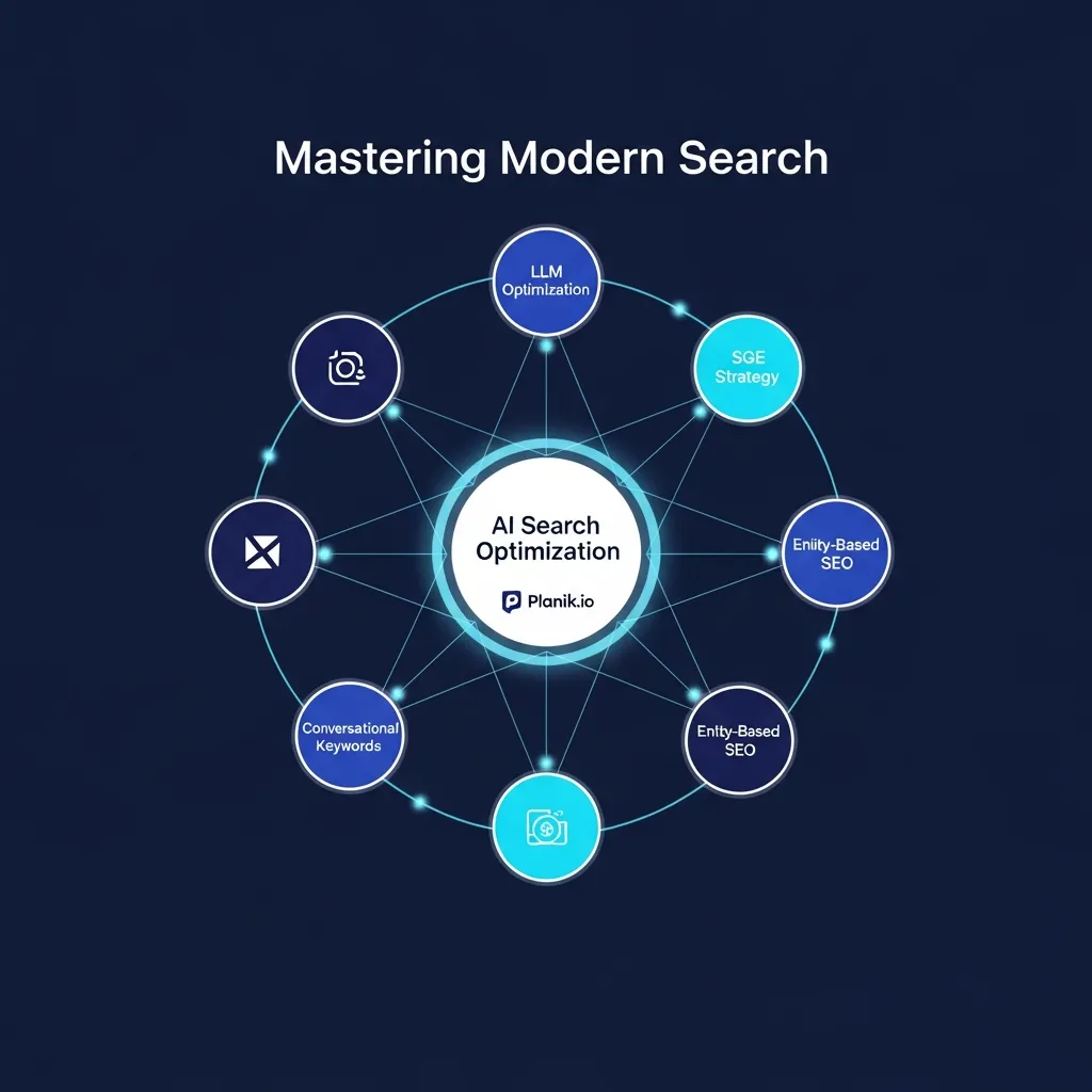 Hub-and-spoke diagram for AI search optimization and generative results strategy by Planik.io.