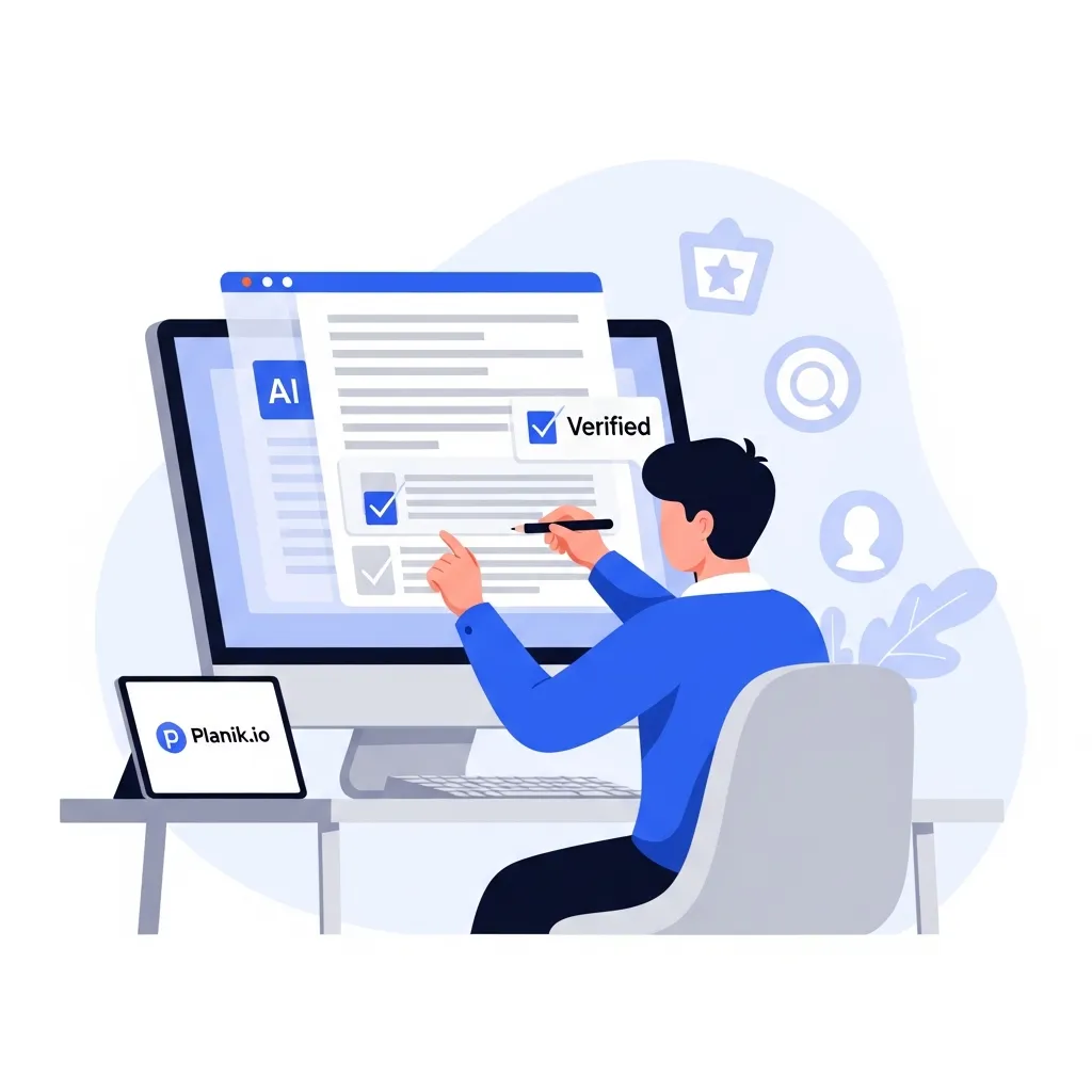 Human editor enhancing AI content to improve E-E-A-T and search authority for Planik.io strategies.