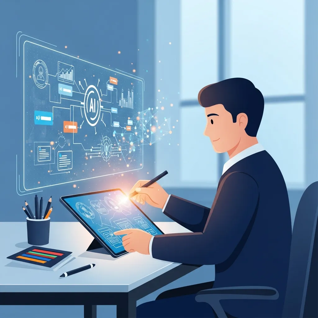 Illustration of a content strategist collaborating with a holographic AI interface for creative digital marketing.