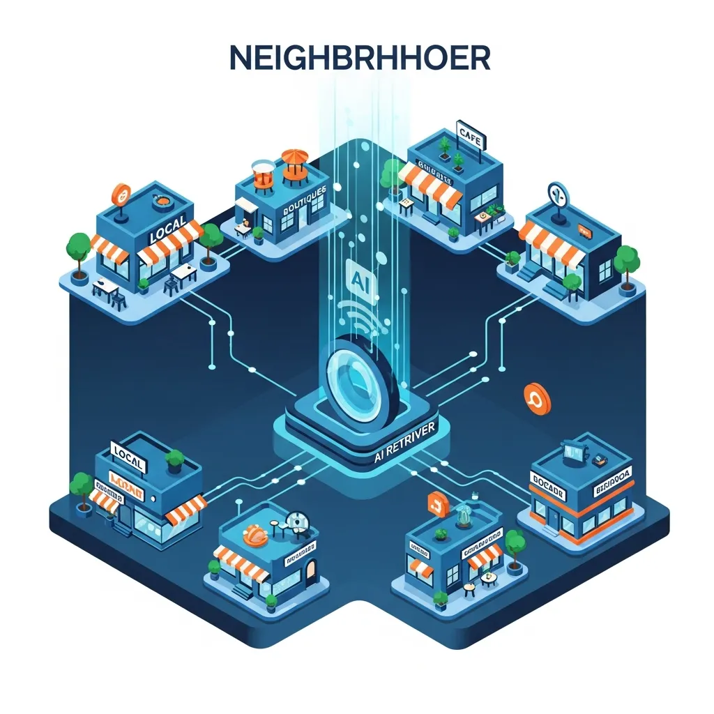Illustration of local business networks sending data streams to an AI retriever for SEO RAG optimization.
