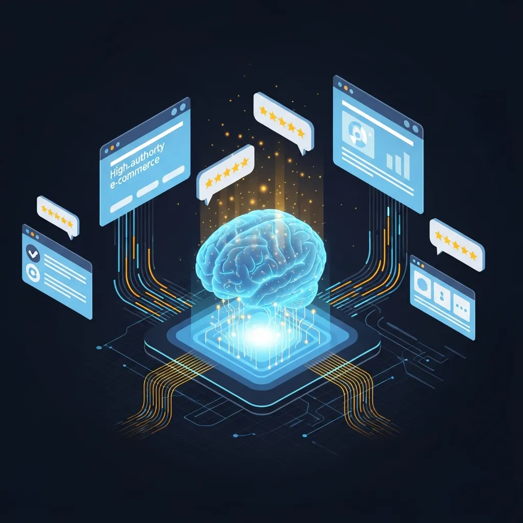 Illustration of reputable websites and customer reviews feeding into an AI brain for e-commerce GEO optimization.