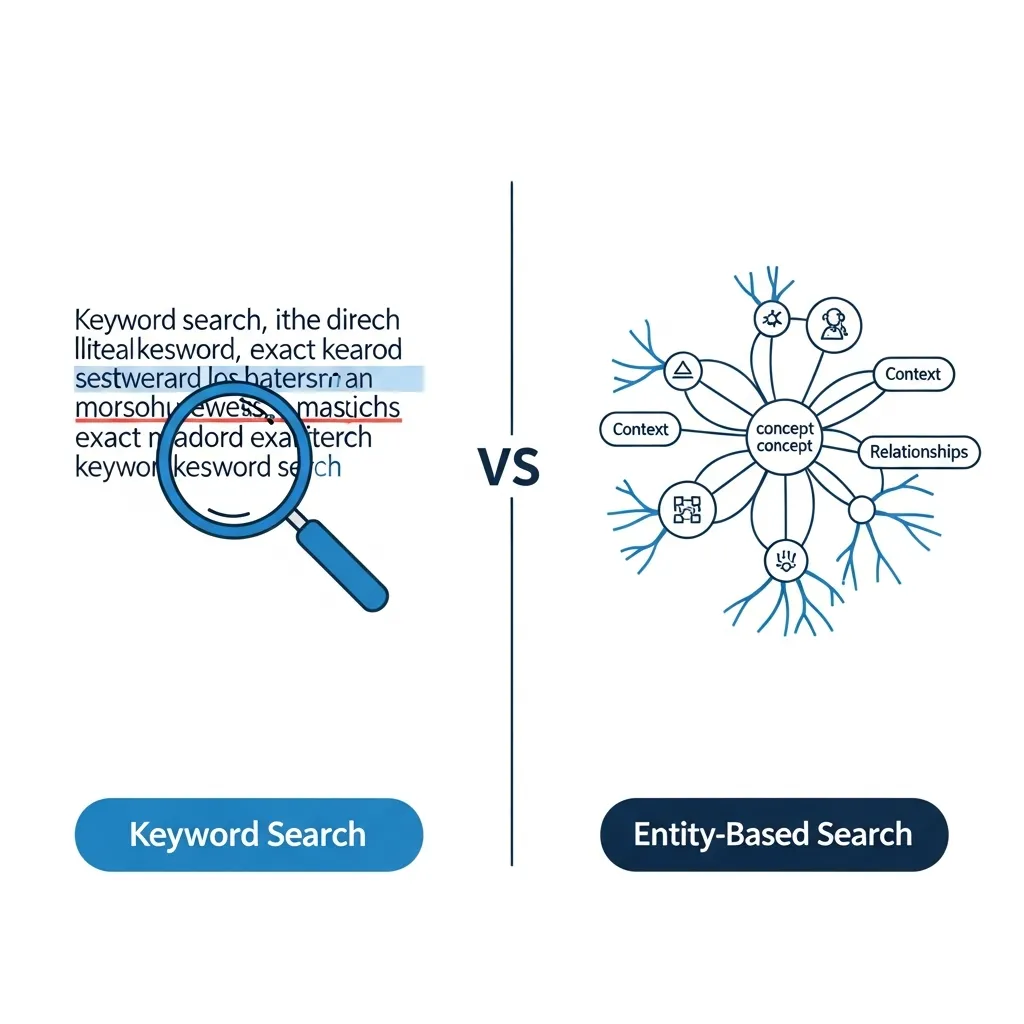 Infographic comparing keyword-based string matching versus entity-based conceptual understanding for SEO strategy.