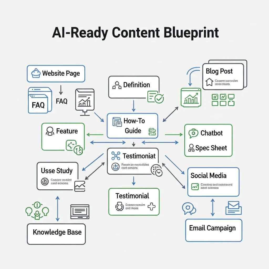 Infographic illustrating an AI-ready content blueprint with modular components linking to diverse outputs.