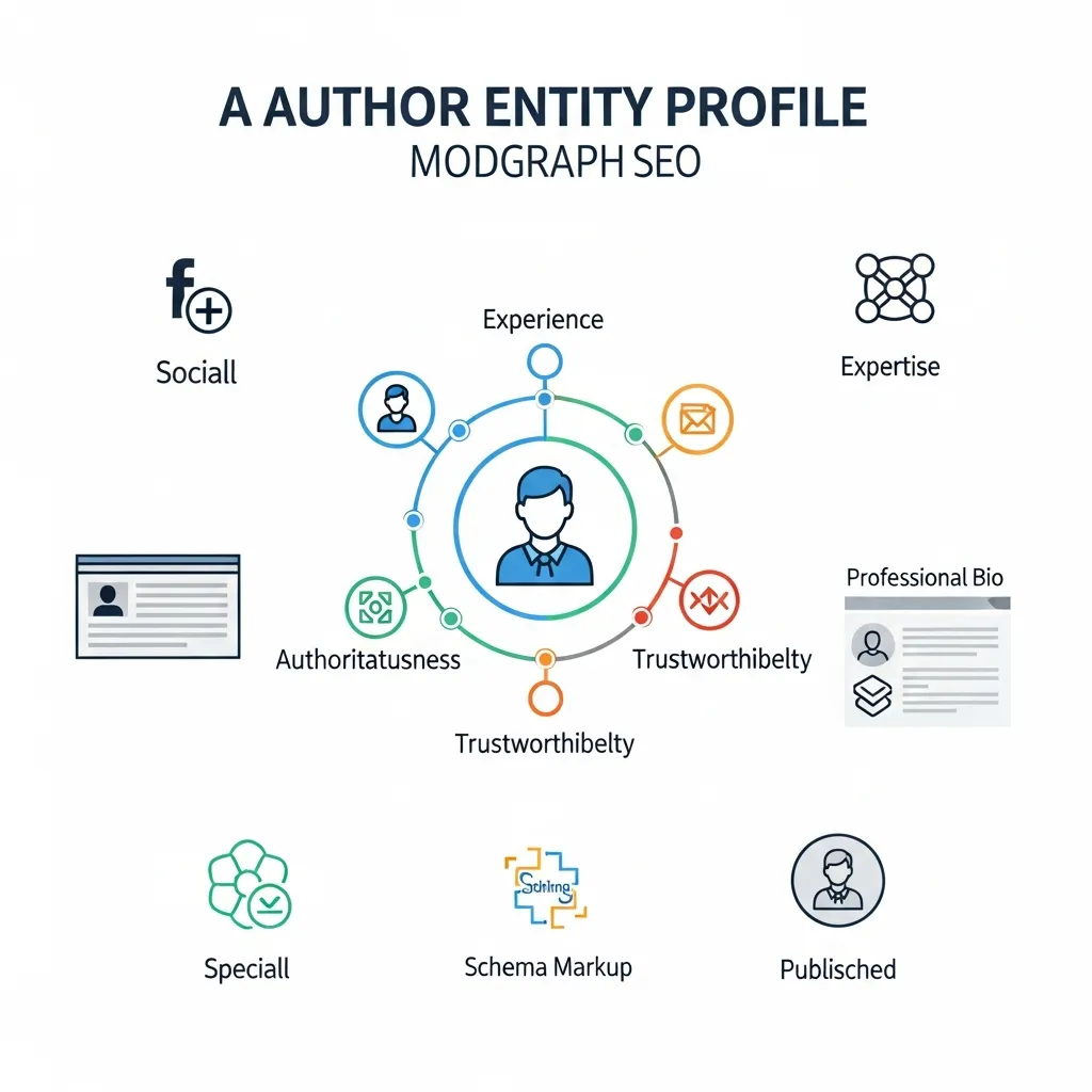 Infographic illustrating key components of a strong author entity profile for E-E-A-T and search visibility.