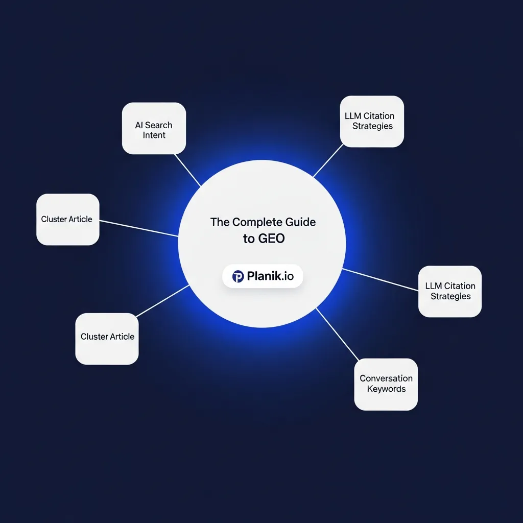 Infographic showing a GEO content cluster with a central pillar page and supporting articles by Planik.io.