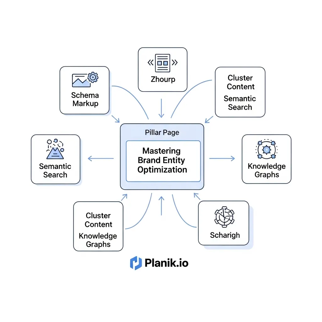 Infographic showing a pillar page and cluster content structure for brand entity optimization by Planik.io.