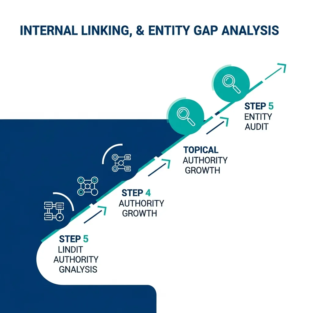 Infographic showing a step-by-step workflow for auditing content entities and implementing strategic internal linking for SEO.