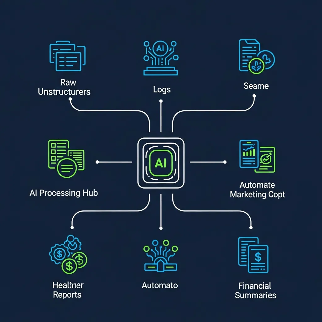 Infographic showing AI transforming raw data into specialized content across various professional industries.