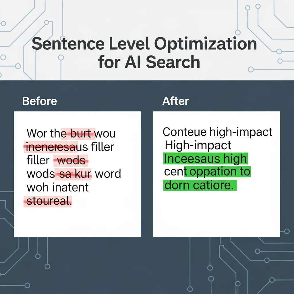 Infographic showing before and after sentences optimized for AI search results with filler words removed.