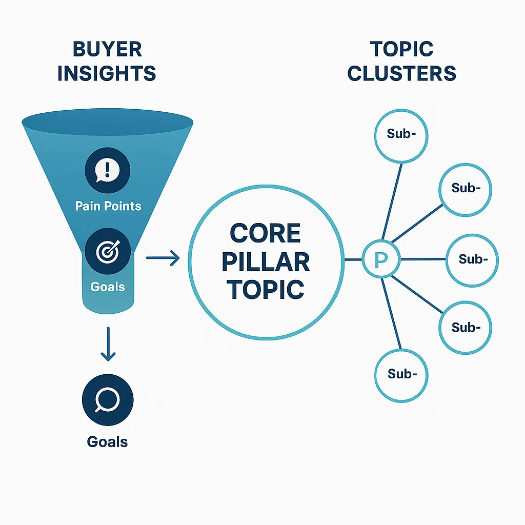 Infographic showing buyer persona insights feeding into core topic clusters for Planik.io topical authority strategy.