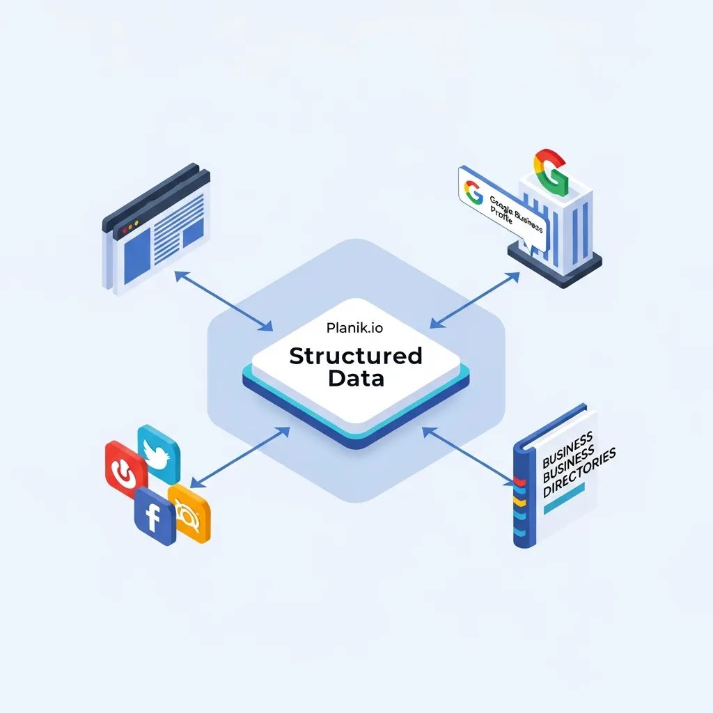 Infographic showing consistent structured data across website, social, and GMB for Planik.io semantic SEO.