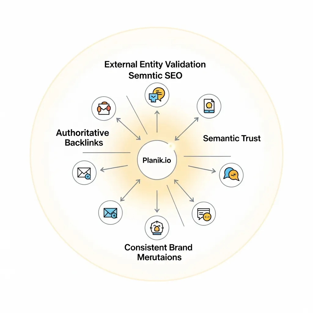Infographic showing how Planik.io builds entity validation through brand mentions and authoritative backlinks for SEO.