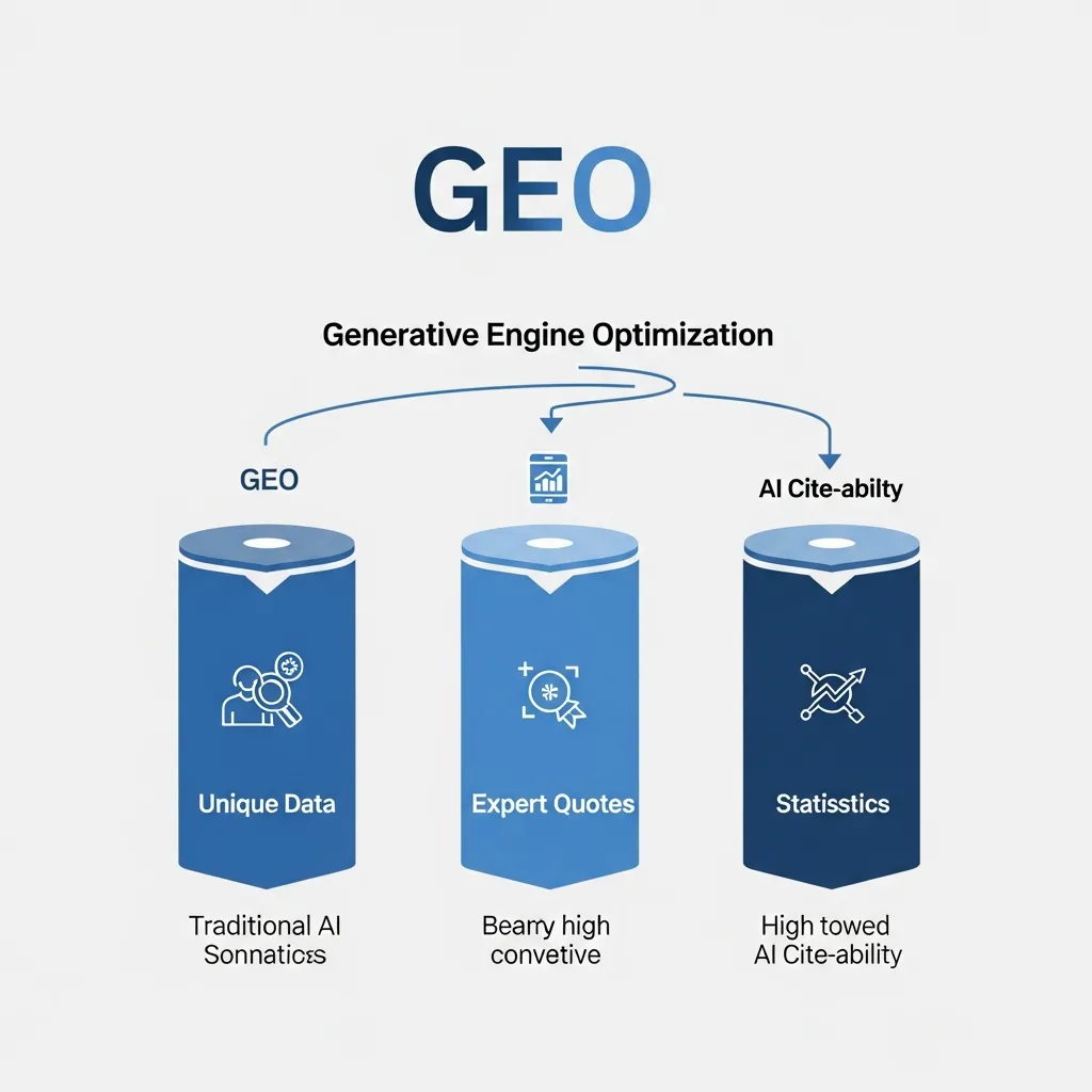 Infographic showing how unique data, expert quotes, and statistics drive AI cite-ability in GEO versus SEO.