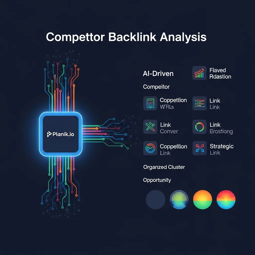Infographic showing Planik.io AI analyzing competitor backlink profiles to identify strategic link acquisition patterns.