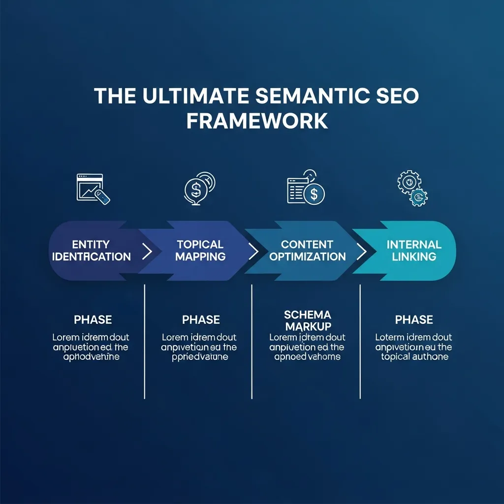 Infographic showing the 5-phase semantic SEO framework for building topical authority and contextual relevance.