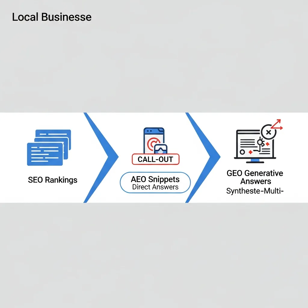 Infographic showing the evolution from traditional SEO rankings to AEO snippets and modern GEO generative answers.