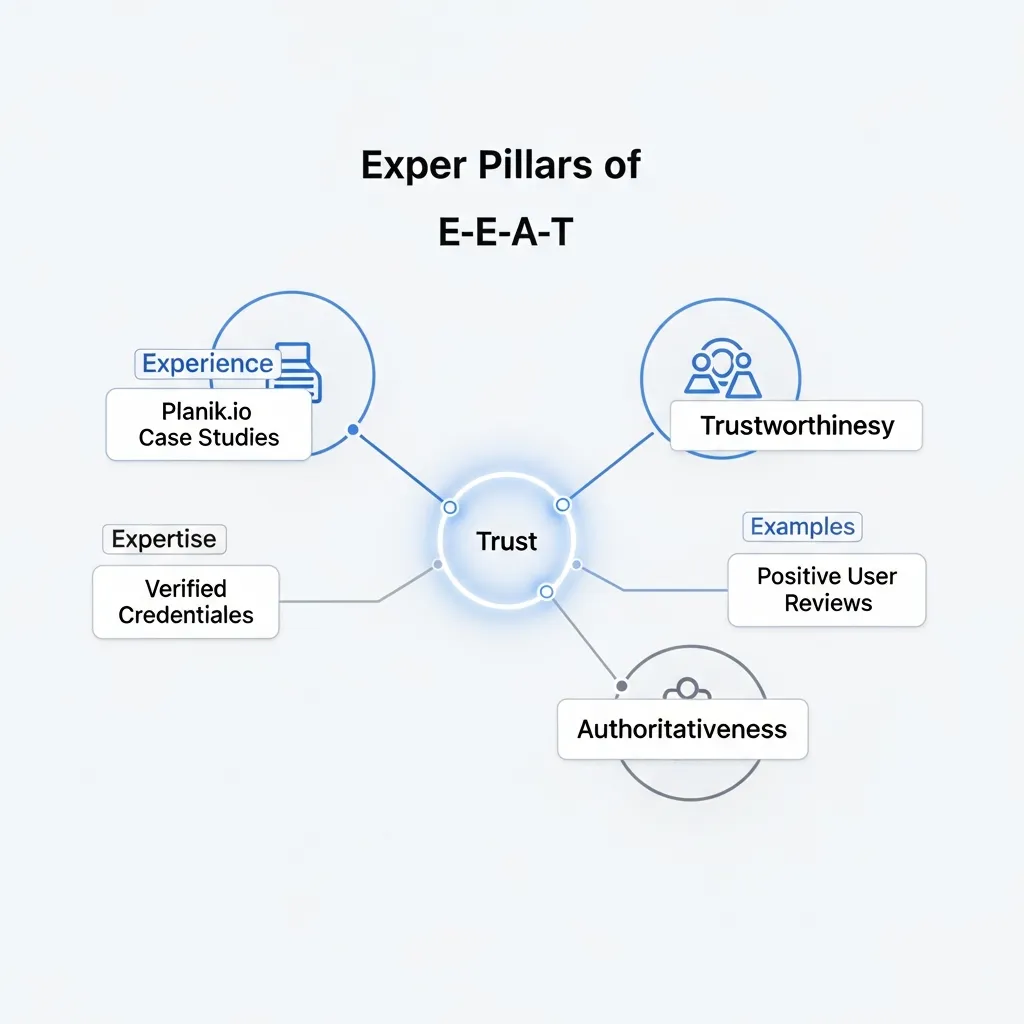 Interconnected diagram of E-E-A-T components showing how Planik.io optimizes for modern AI search results.