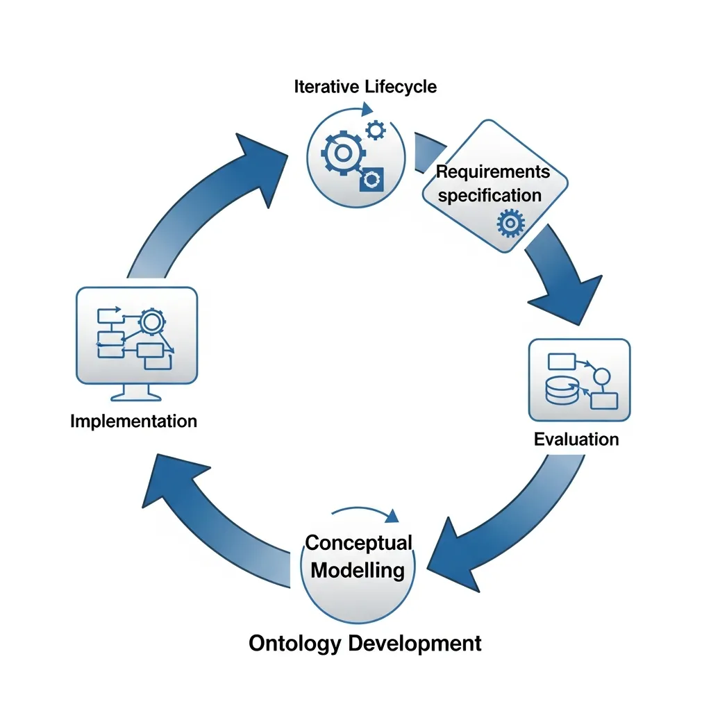 Iterative ontology development lifecycle diagram showing feedback loops for building robust knowledge graphs.