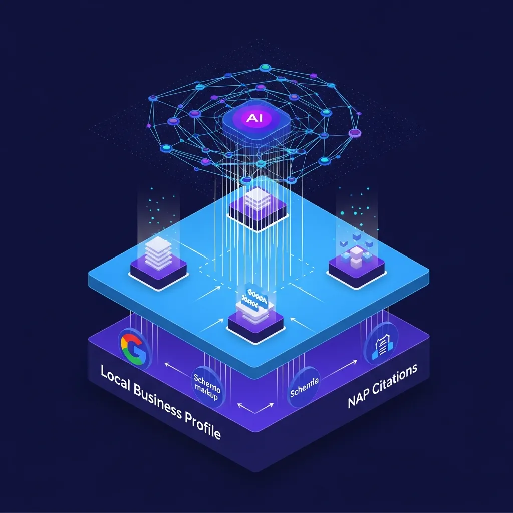 Layered diagram showing GBP, Schema, and NAP data feeding into an AI local knowledge graph.