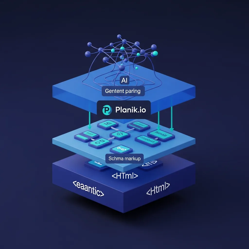 Layered diagram showing how semantic HTML and schema markup power AI content parsing for Planik.io.