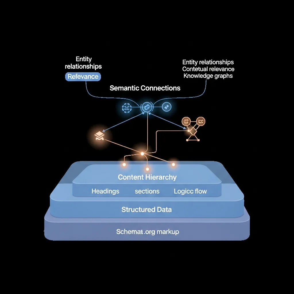 Layered diagram: Structured data, content hierarchy, semantic connections for AI content understanding and GEO.