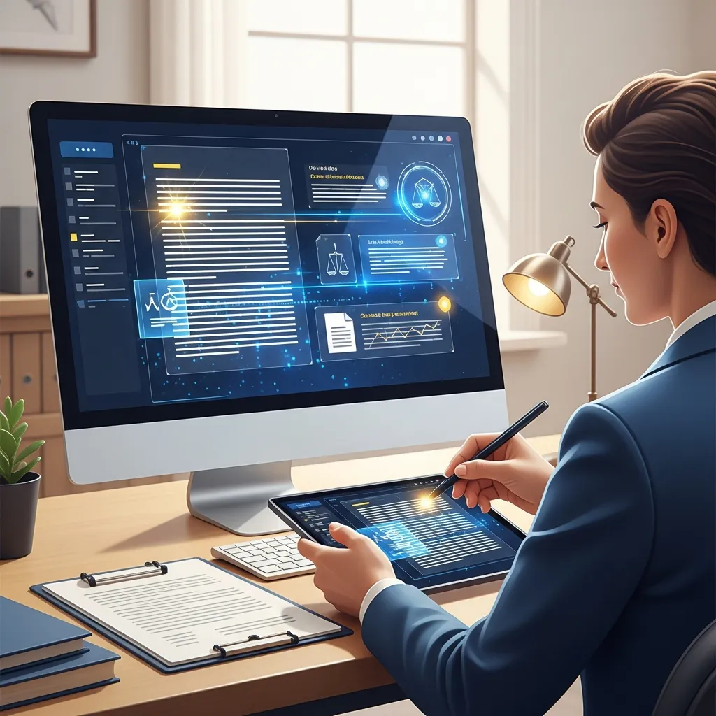 Legal professional reviewing AI-generated documents on a screen with highlighted insights and human oversight.