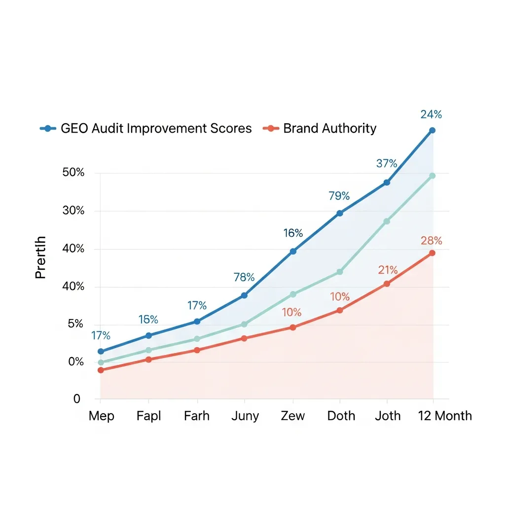 Line chart showing positive correlation between GEO audit improvements and brand authority scores over time.
