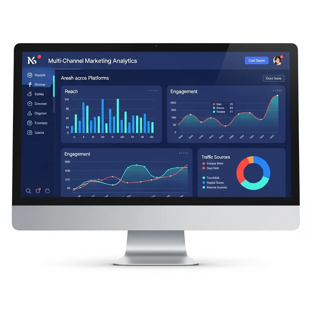 Marketing analytics dashboard displaying KPIs for reach, engagement, and traffic sources for content promotion strategy.