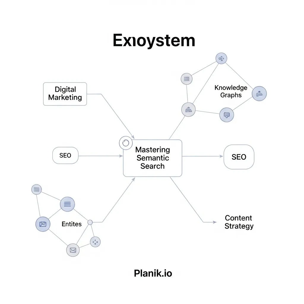 Mind map showing relationships between Digital Marketing, SEO, and Content Strategy for Planik.io semantic search.
