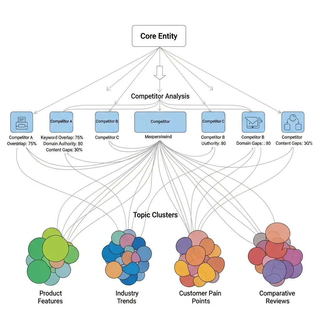 Multi-layered diagram illustrating entity identification, competitor analysis, and topic cluster mapping for semantic SEO.