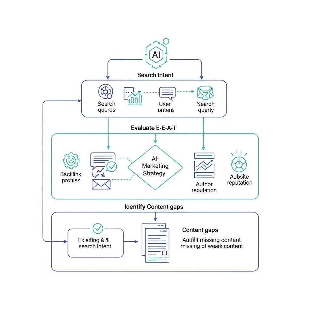 Multi-layered diagram showing AI analyzing search intent, E-E-A-T signals, and content gaps for SEO strategy.