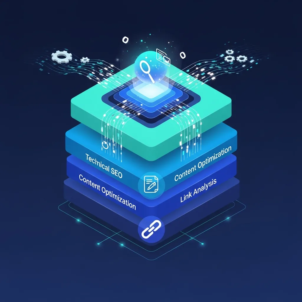 Multi-layered diagram showing automated SEO audit pillars for streamlining search engine performance and site health.