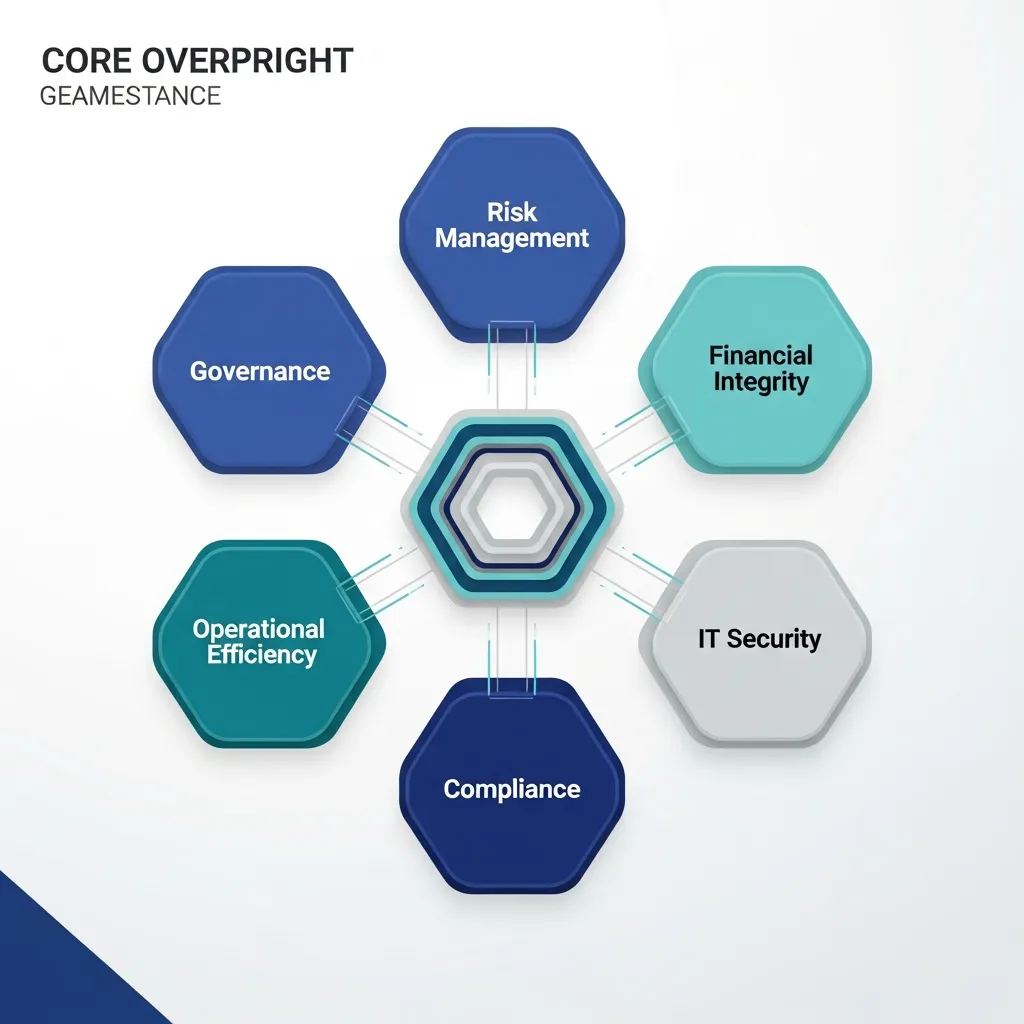 Multi-layered diagram showing the six core components of an organizational entity audit checklist framework.