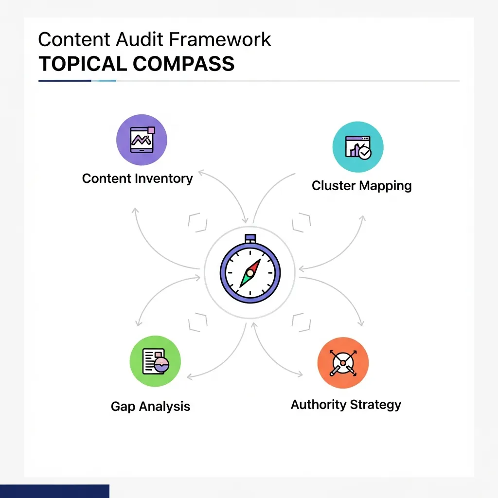Multi-stage Topical Compass diagram showing content audit steps for building topical authority and clusters.