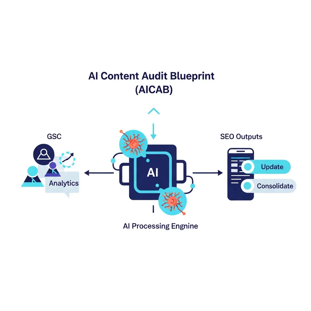 Multi-stage workflow diagram for the AI Content Audit Blueprint illustrating modern SEO performance scaling.