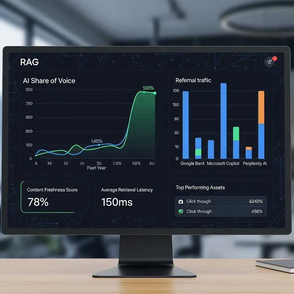 Performance dashboard displaying RAG SEO metrics including AI share of voice and referral traffic data.